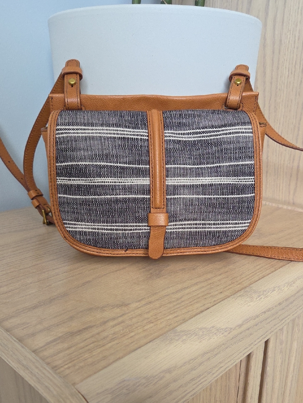 Fossil Gray Striped Canvas & Tan Leather Crossbody Bag